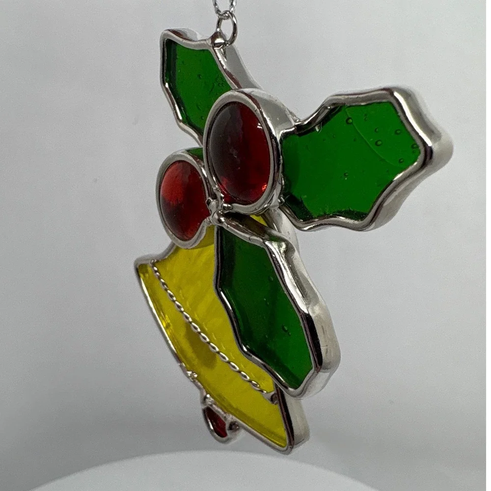 Stained Glass Bell Ornament Holly Berries Christmas Tree Decor Festive Red Green